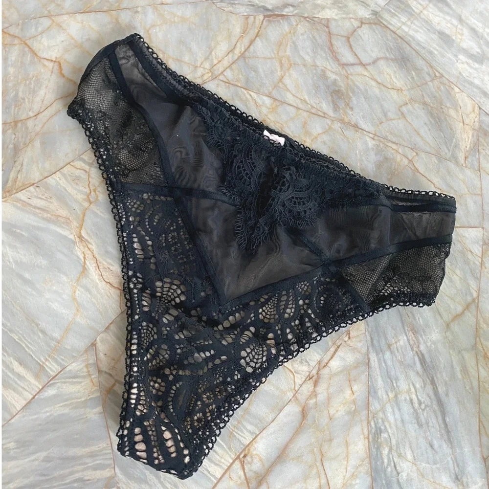 Victoria's Secret Black Lace Sheer Mesh Thong Panty Eyelash Trim Lingerie